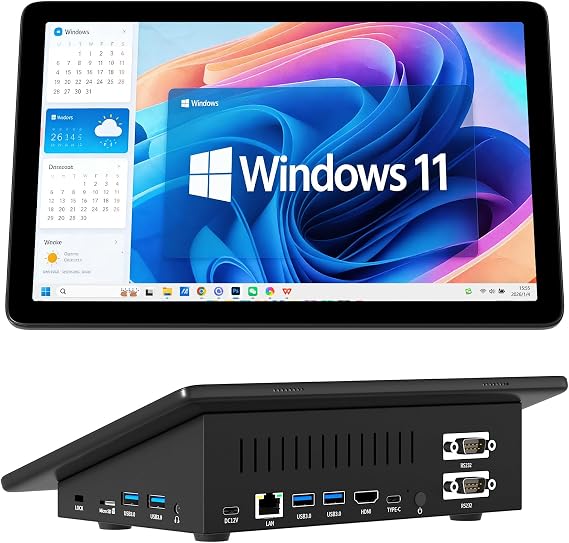 Mini PC Computer Win11 Pro Fanless Industrial Mini Desktop Computer with 10.1" Touchscreen Display, N5095 CPU 8GB Ram, 128GB ROM, 5000mAh Battery, Dual RS232, HDMI, Type-C, BT 5.0, WOL