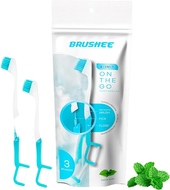 Brushee Disposable Travel Toothbrush, Fresh Mint Prepasted 4-in-1, 3-Pack