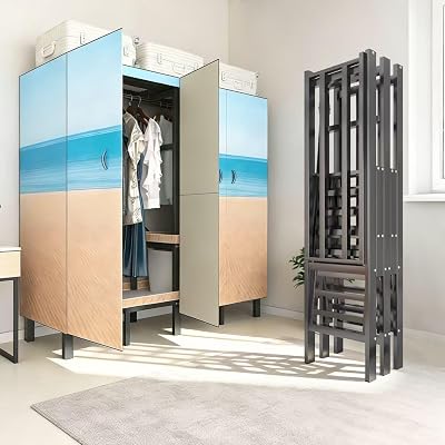 Portable Wardrobe Closet, Heavy Duty Clothing Rack for Hanging Clothes, Metal Clothes Rack with Cover and Hanging Rods, Freestanding Wardrobe Armoire Load 1000 LBS Sky 70