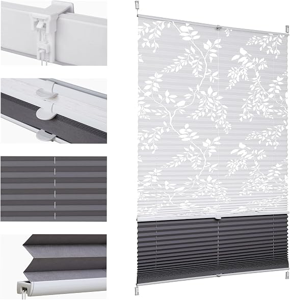 Sekey Plissee Doppelplissee Day+Night Verdunkelung ohne Bohren verspannt Lichtschutz Klemmfix Lichtdurchlässig Ausbrenner-Muster 50x100cm Druck & Grau