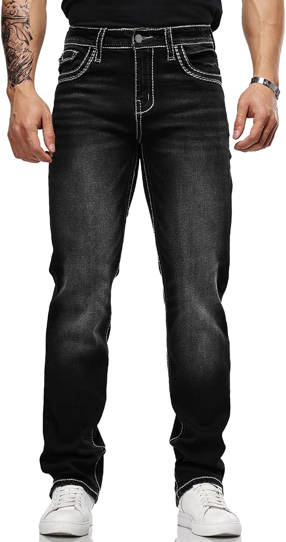 Men's Jeans Regular Fit Straight Jeans with Embroidery | Stretch Straight Leg Jeans with Embroidery, Soft & Durable Denim Pants for All Seasons & Occasions