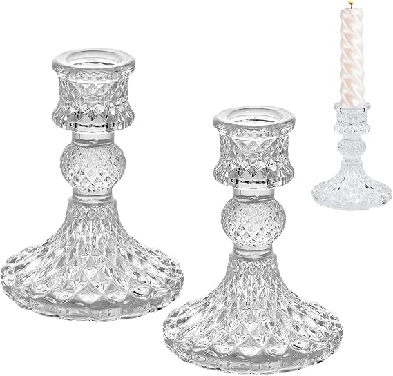 2 Pcs Candle Holders, Glass Candlesticks Taper Candlestick Holders for Formal Events, Wedding, Church, Table Centerpiece Decoration