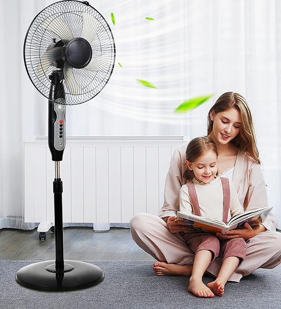 16 Inch Solar Pedestal Fan, 5-Blade Oscillating Standing Fans with Light, 3 Speed Cooling Rechargeable Floor Fan for Home/Commercial, Black