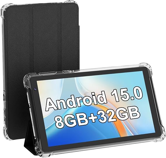 Tablet Android 15 Tablets with Case 7 inch, 8GB RAM, 32GB ROM Support 1TB Expand Computer Tablet PC, Quad-Core Processor, IPS Touch Screen, 2+5MP Dual Camera, 3000mah Battery, Wifi Tableta (Black)