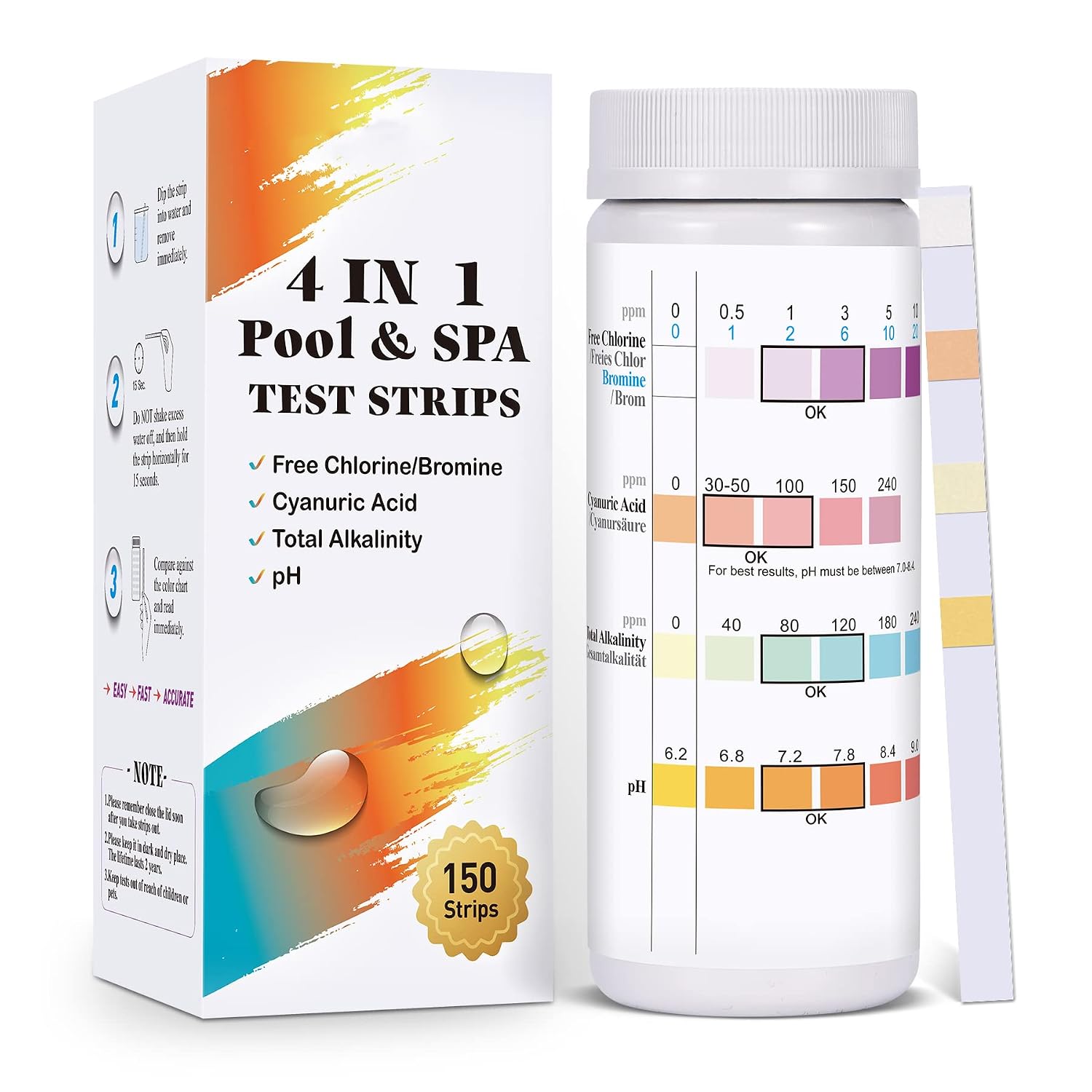 Pool Test Strips for Above Ground Pool: 150 Counts 4 in 1 Pool Spa Test Strips for Hot Tub Swimming Pool Test Kit Testing Chlorine, pH, Bromine, Alkalnity, Cyanuric Acid