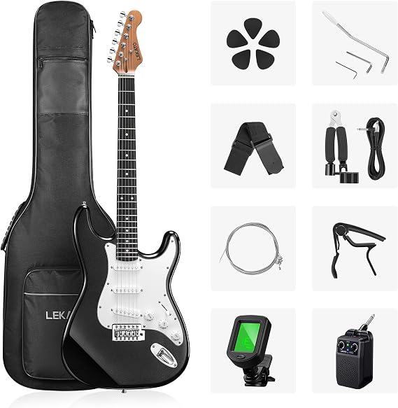 LEKATO 39" Electric Guitar Kit, Full Size Beginner Guitar Pack with SSS Pickups, Roasted Maple Neck, 5W Guitar Amp, Bag, Tuner, Capo, Strap, Picks, String, Cable, Black