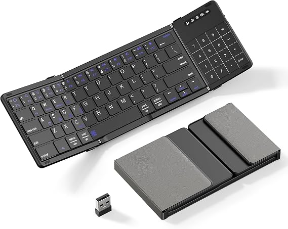 Foldable Bluetooth Keyboard with Touchpad Numpad Multi-Device Rechargeable | 2-in-1 Folding Keyboard with Trackpad & Number Pad Portable Travel Keyboard for iPad,Laptop,PC Windows,iOS,Android,MacOS