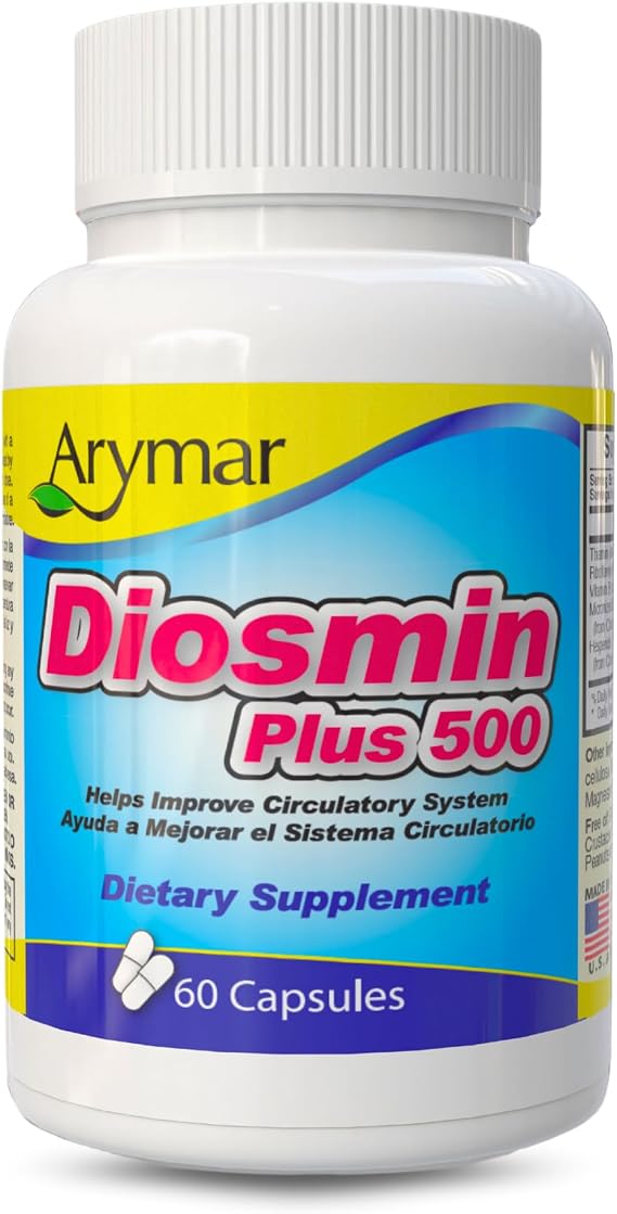 Arymar Diosmin 500mg with Vitamin B-Complex: Circulatory Formula for Leg Vein Integrity and Normal Blood Flow, Vascular Health and Microcirculation, 60 Capsules