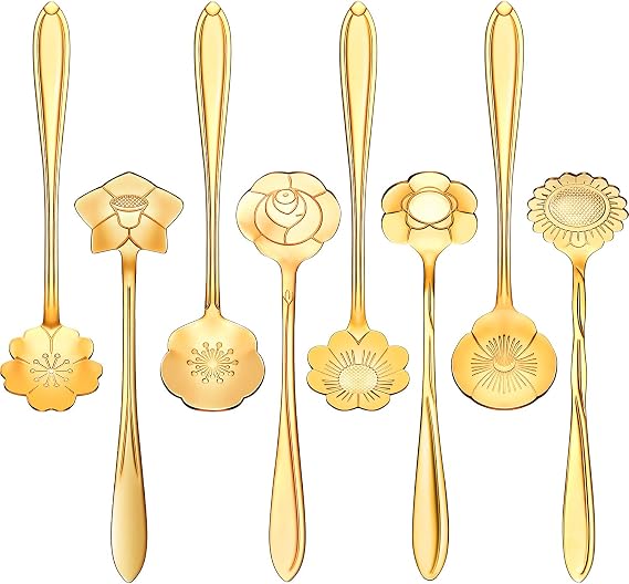 Chengu 8 Pcs Flower Coffee Tea Teaspoons Stainless Stirring Spoons, Gold