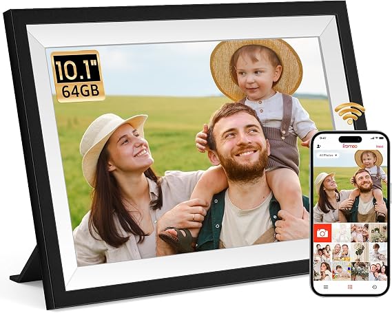 Frameo Digital Picture Frame 10.1 Inch Smart WiFi Digital Photo Frame with 64GB Memory, Electronic Picture Frame with 1280x800 IPS Touch Screen, Auto-Rotate&Slideshow, Easy Setup to Share Photo&Video