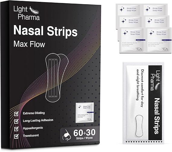 60 Nasal Strips, Nose Tape for Day and Night Breathing, Translucent Nasal Strips with Rinse-Free Soap Towelettes, Firm Hold & Extreme Dilating, Reduce Snoring, Improve Breathing