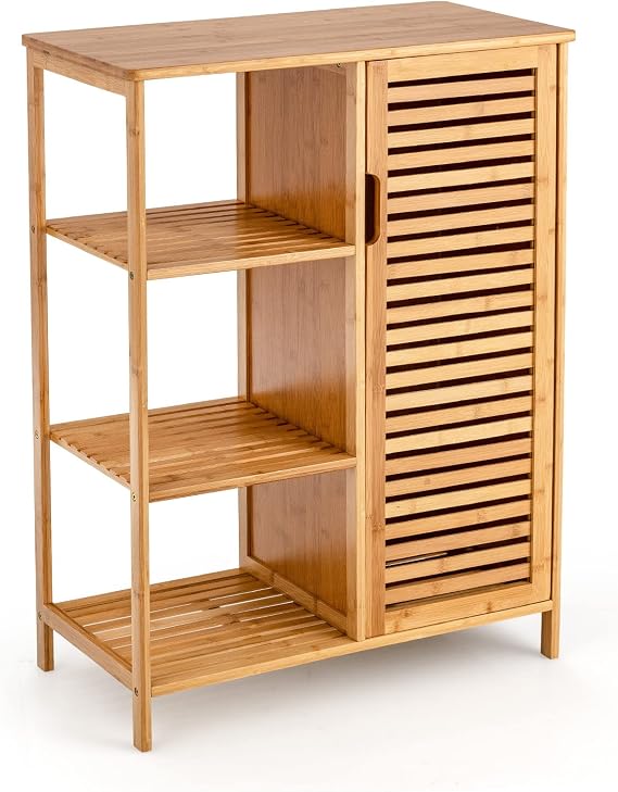 Tangkula Bamboo Bathroom Cabinet, 34.5H Storage Cabinet with Shutter Door