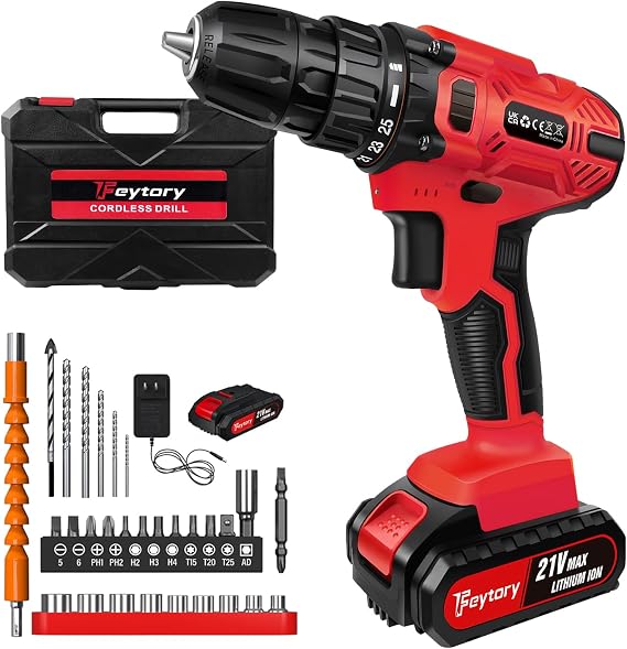 Cordless Drill Driver Set, 21V Power Drill Cordless Electric Screwdriver Driver Tool Kit, 3/8" Keyless Chuck, Electric Drill Power Drill Cordless Drill with Battery and Charger, Impact Driver for DIY