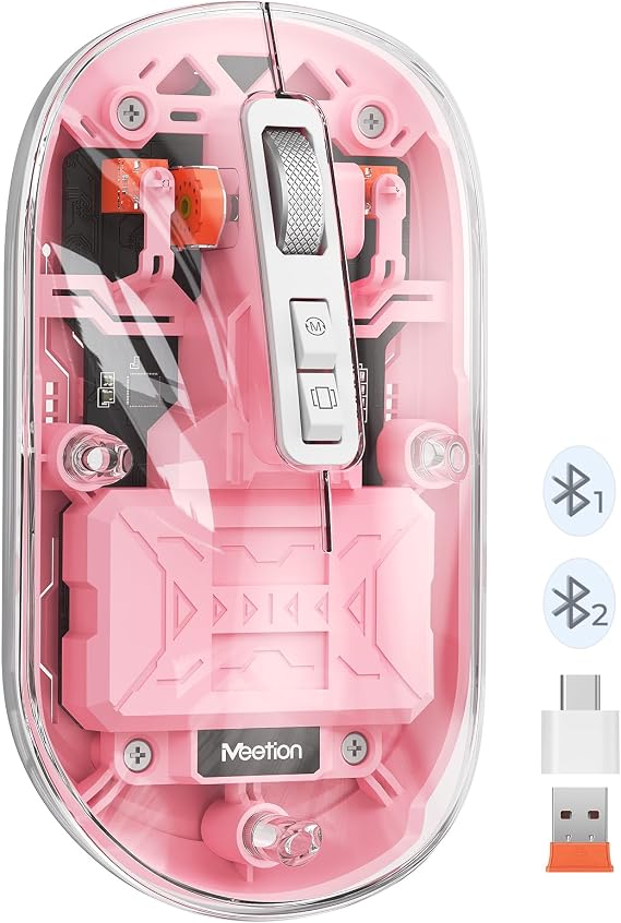 Meetion | BTM005 | Transparent Office Mouse | 2.4G Wireless + Dual Bluetooth | Silent Click | 2400 DPI (Pink)