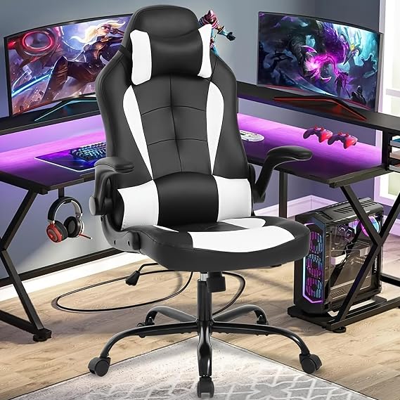 PC Gaming Chair - Ergonomic Height Adjustable Massage Office Chair with 360 Swivel, Wide Seat and Headrest - White