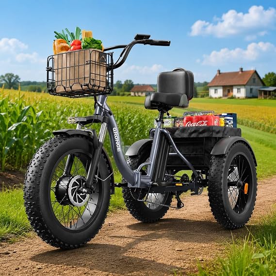 QRONGE Electric Tricycle for Adults 1200W Peak, 36V 20AH Battery Ebike 75 Miles Range with Large Rear Basket, Electric Trike 20"*4" Fat Tire, Max 20MPH 3 Wheel Folding Electric Trike for Adults(Lava)