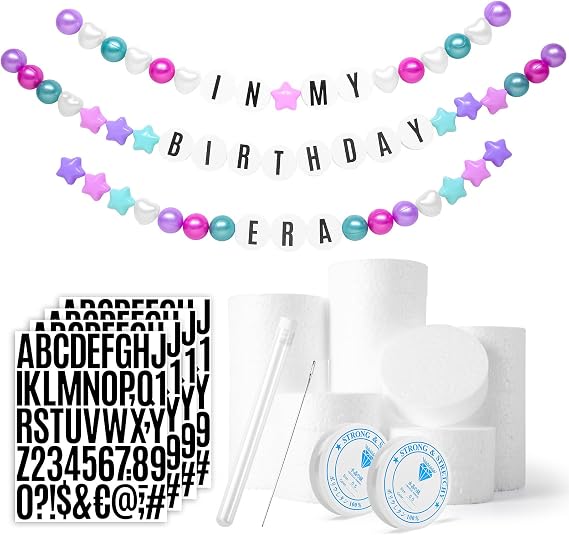 DIY Giant Friendship Bracelet Birthday Banner - Personalized Birthday Banner Garland, Decor Knit with Foam Circles & 50 Plastic Ball Pit Balls for Themed Party (Green Purple)