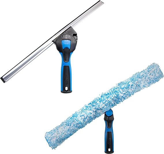 Unger Professional Connect & Clean 18" Window Scrubber Washer for Glass Cleaning and 18 Window and Glass Cleaning Squeegee with EZ Change, Swiveling Head for Corners and Edges