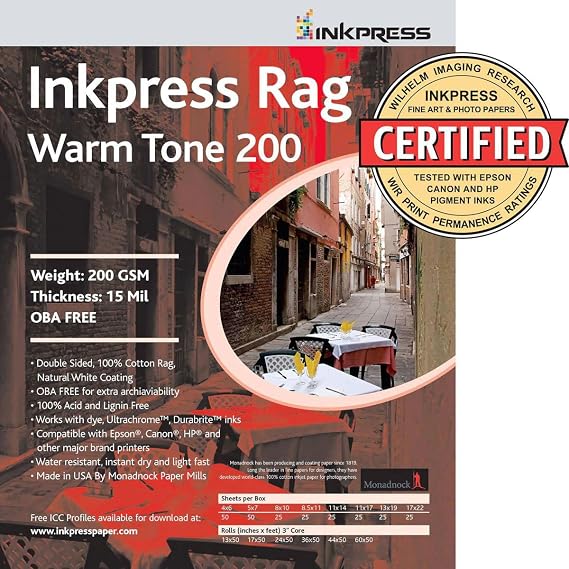 Rag Warm Tone 200 Double-Sided Matte Inkjet Paper, 8x10",25 S