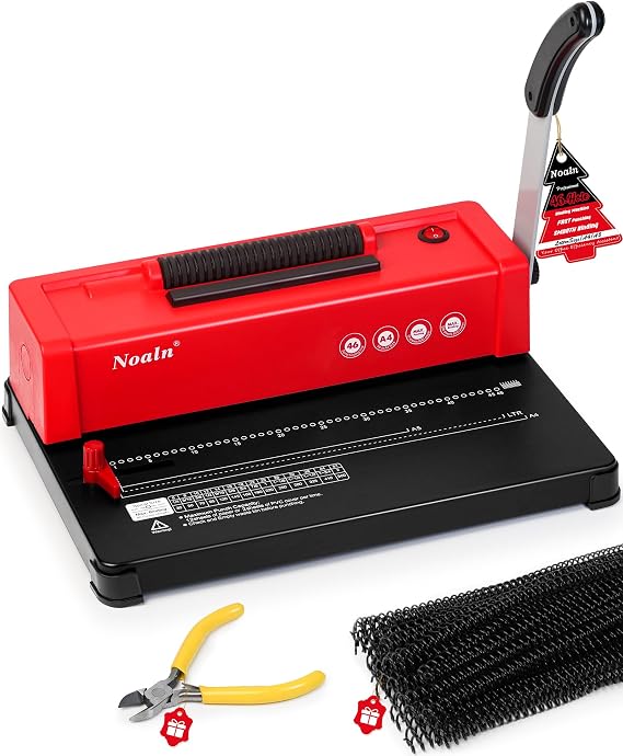 46-Hole Binding Machine Spiral Coil Binder Red,DIY Book Binder Kits with Electric Coil Inserter,4:1 Pitch 500 Sheets,Come with 100pcs Comb Binding Spines,School Office Home