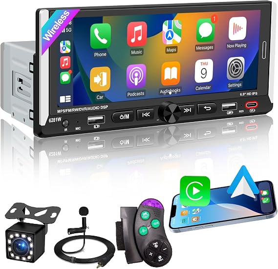 Wireless Apple CarPlay Single DIN Car Radio Stereo 6.86" Android Auto