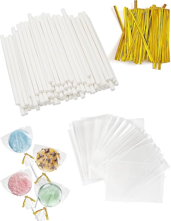 3.5mm White Lollipop Sticks and Bags Set, 100Pcs 4-inch Paper Sticks,100Pcs Clear Bags, 100Pcs Twist Ties for Sucker, Hard Candy, Chocolate, Cookie, Dessert (Gold)