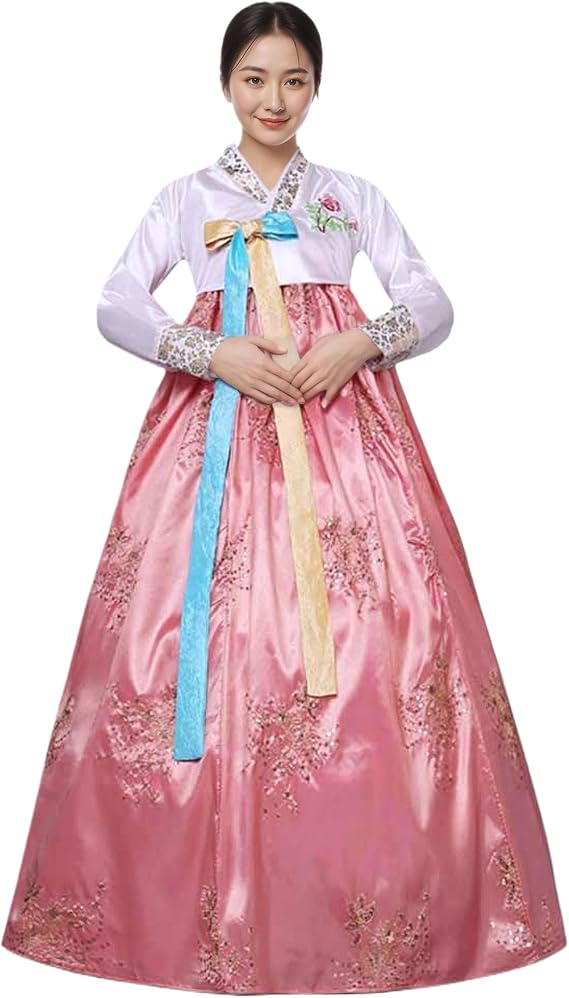 Women's Korean Traditional Hanbok Dress | Palace Wedding Dance Costume, Long Sleeve, Embroidered Floral Details