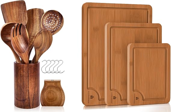 Wooden Utensil Set 8 Pcs with Holder, Spoon Rest, 6 Hooks & Wood Cutting Boards Set of 3 - Durable Spoons with Comfort Grip, Efforless Clean, Non-Stick Friendly Utensils - Thick & Sturdy Boards
