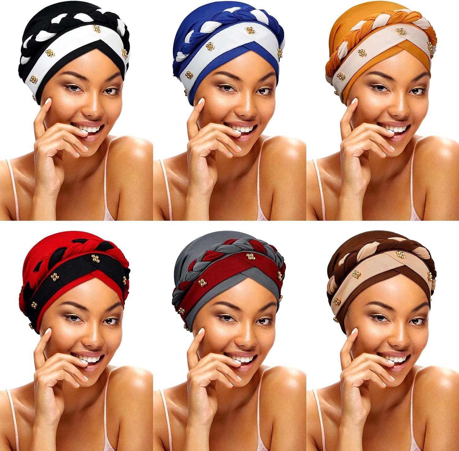 Xtinmee 6 Pcs African Turban Head Wraps for African Women Solid Color Beanie Headscarf Twisted Braid Head Wrap for Women
