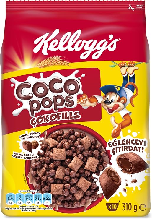 Coco Pops Contains 310 Gr, 28% Cream Filled Squares and Crispy Coco Pops balls, 7 essential vitamins and Iron.