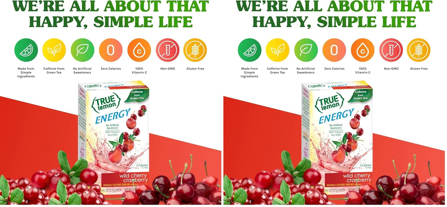True Lemon Energy Drinks Wild Cherry Cranberry 4 boxes, 24ct instant powdered drink mix packets, by True Citrus Pack of 2