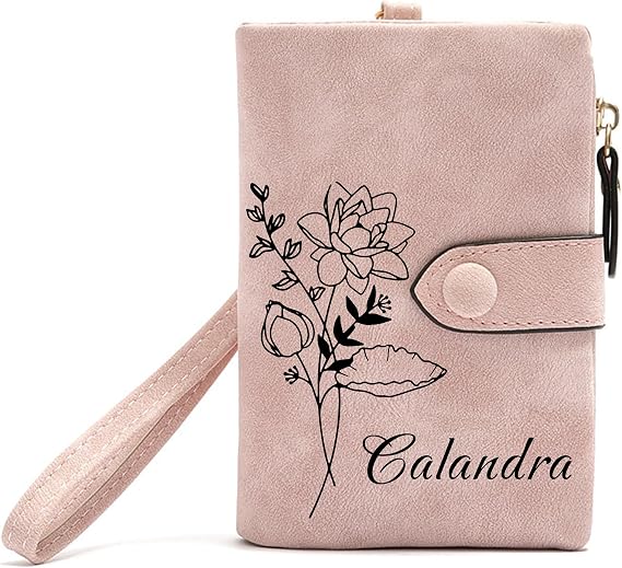 Personalized Pink Small Leather Wallet Custom Birth Month Flower & Name Coin Purse Card Holder for Women Girls Customized Gift for Birthday Christmas Mothers Day