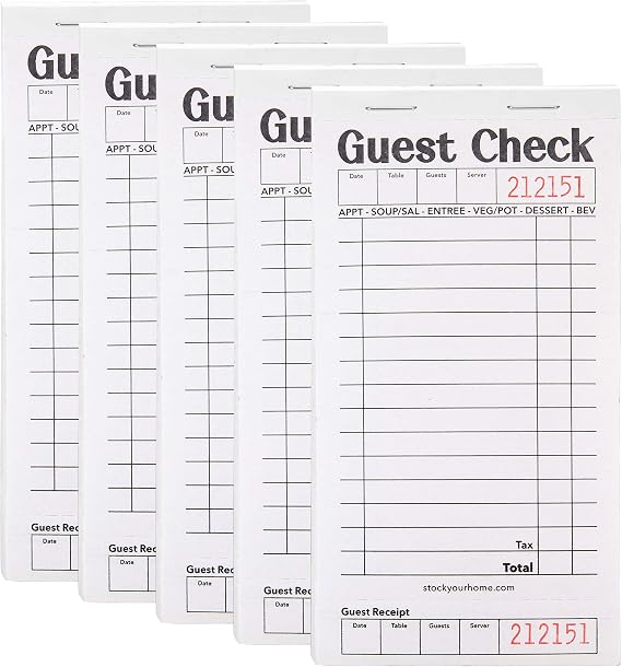 Stock Your Home Black+White Guest Check Books for Servers (5 Pack) Server Note Pads, Waiter Checkbook, Food Receipt Book, Restaurant Order Pad, Paper Checks, Waitress Accessories, 250 Total Tickets