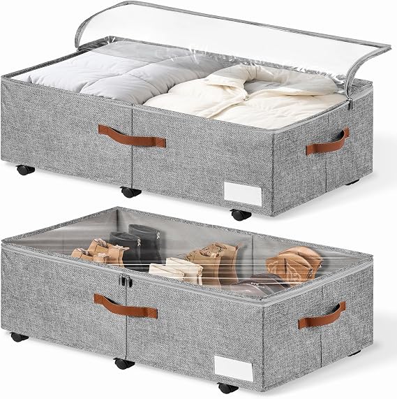 60L Large Under Bed Storage with Wheels Pack of 2, Underbed Shoe Container Bin with Clear Lid Cover, 10.5 Inches Rolling Under Bed Drawer Storage Bag Basket for Boots Quilt Sweater - Grey
