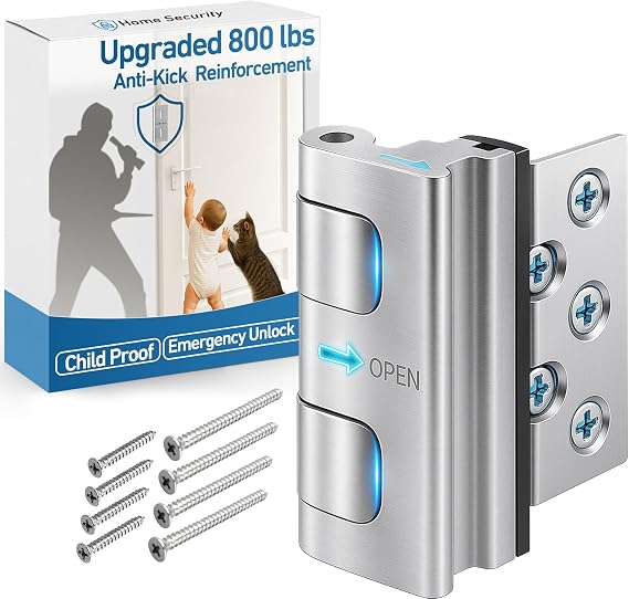 Door Reinforcement Lock, 800 lbs Anti-Kick Child-Proof Security for Inward-Swing Doors Home & Renter Friendly, Quick DIY Install (8 Screws Included, 1 Pack) for Apartments and Houses