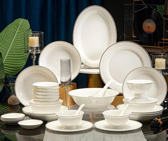 Top Porcelain China Dinnerware Set, Stoneware&Ceramic Dinnerware Sets,Ceramic Cookware Tableware Set Includes Dinner China Plates|Chinese Spoons|Pasta Bowls|Soup Pot|Chopsticks (56PCS * 10-Person Set)