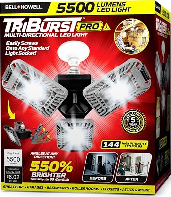 BellHowell Triburst Deluxe, ASON TV 5500 Lumens6500 Kelvin Indoor Lights, Ultra Bright Lighting with 144 LED Bulb, Multi-Directional Triple Panel Bedroom, Garage, Ceiling Light