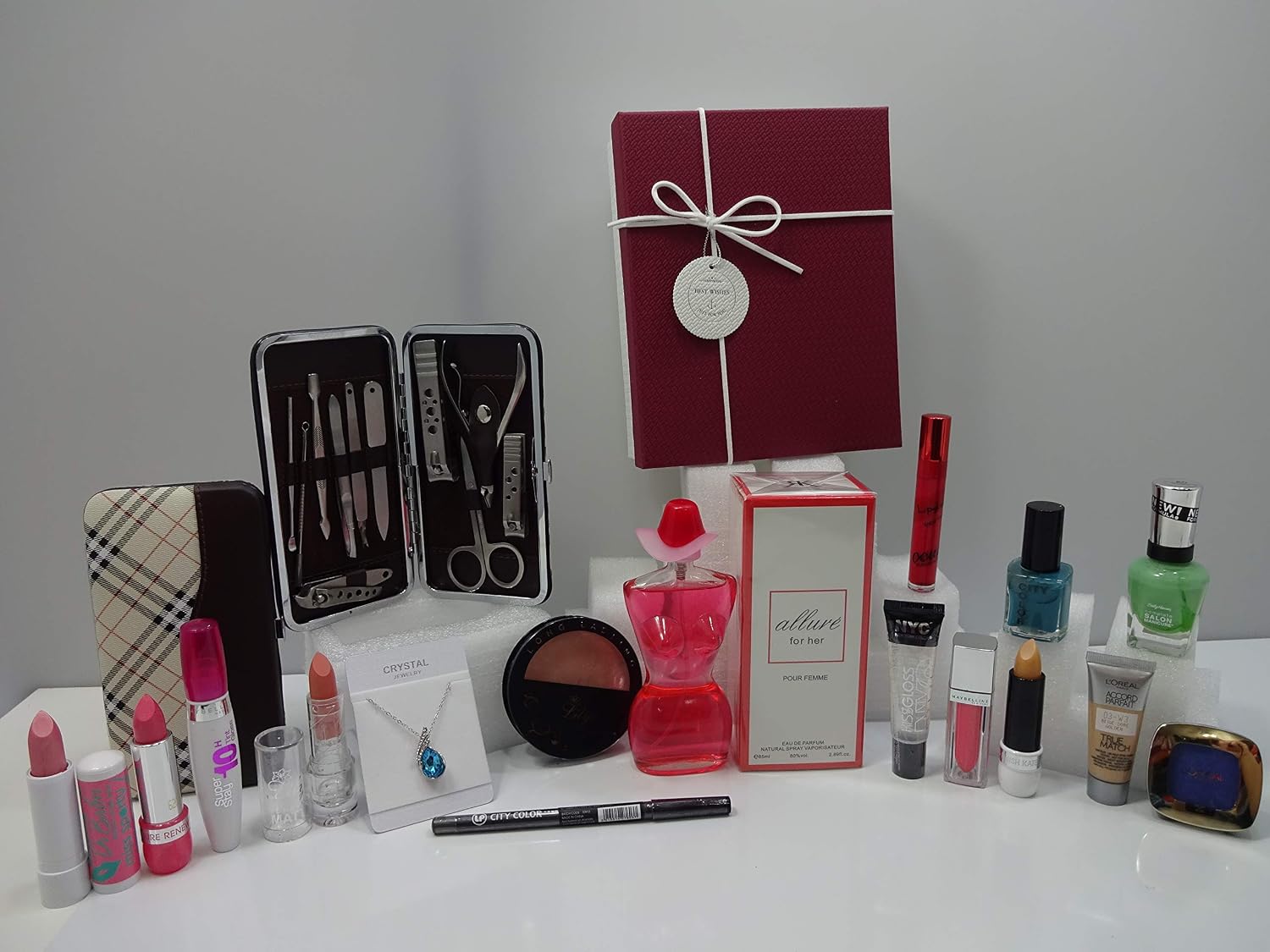 Make Up &amp;amp; Perfume Gift, 26pc Gift Set - Allure Perfume, Mix Brands Make Up 11pc Manicure Kit, Crystal Necklace Diamond Pendant  L&amp;#39;Oreal Foundation In Gift Box