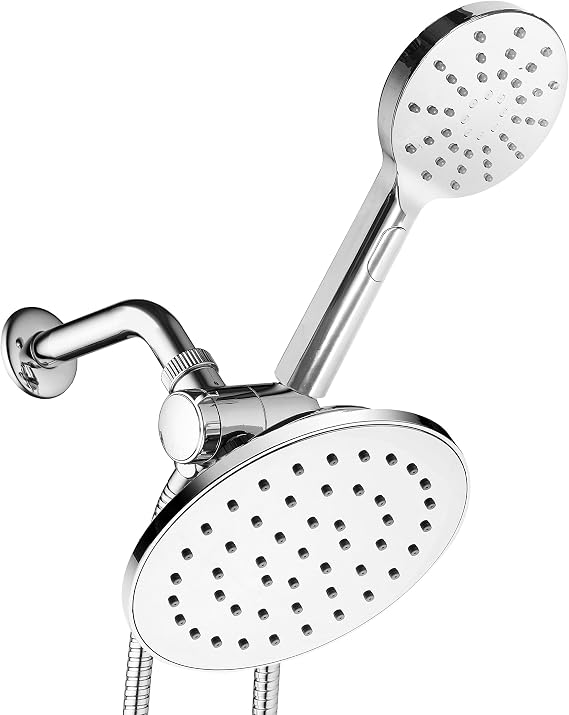 6-inch Rain Shower Head/Handheld Combo. Convenient Push-Button Flow Control Button for easy one-handed operation. Switch flow settings with the same hand! Premium Chrome