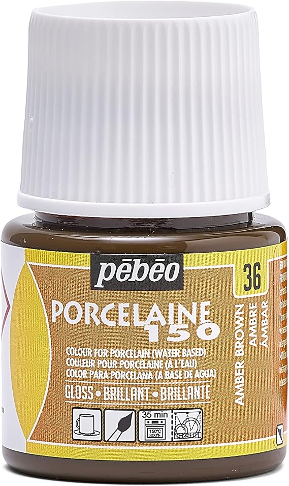 Pebeo Porcelaine 150, Water-Based High-Gloss Color Porcelain Paint, 45 ml Bottle - Amber Brown