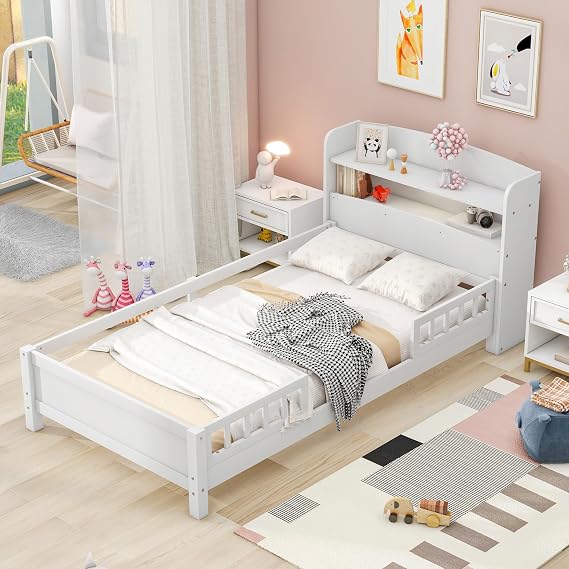 Twin Size Platform Bed with Built-in LED Light,Multi-Functional Wood Beds Frame,w/ 2 Storage Shelves Headboard and Guardrail,for Apartment,Bedroom,Living Room,White