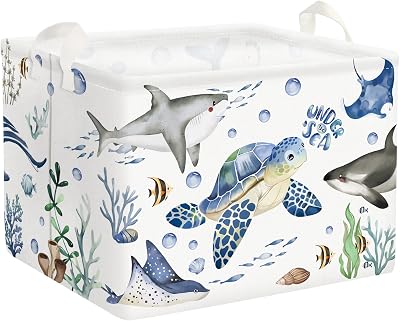 Clastyle Fish Sea Turtle Baby Basket Ocean Coral Seaweed Starfish Toy Book Shelf Basket Waterproof Pool Toy Beach Towel Storage Bin Large Dirty Clothes Laundry Hamper, Shark, 40  30  30 cm