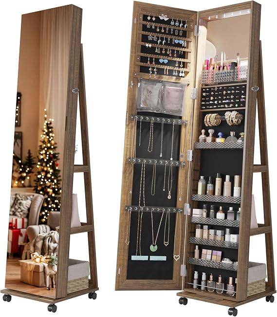 Lvifur 360 Rotating 64'' Jewelry Armoire with 6 LEDS, Full Length Mirror Large Capacity Jewelry Organizer Armoire, Lockable Floor Standing Mirror with 4 rollers for Bedroom, Cloakroom