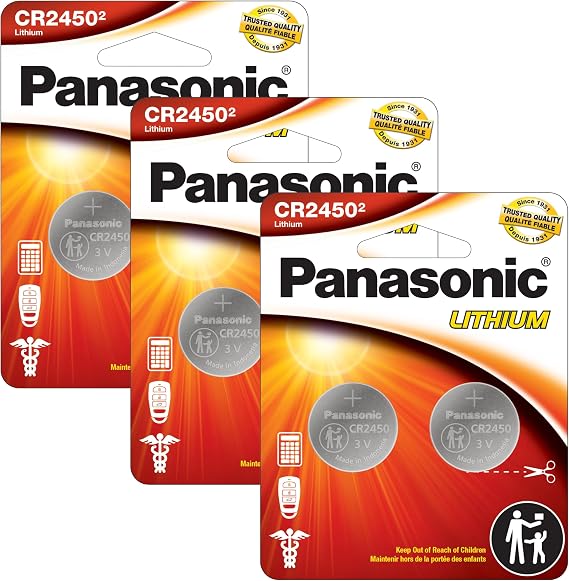 Panasonic CR2450 3.0 Volt Long Lasting Lithium Coin Cell Batteries in Child Resistant, Standards Based Packaging, 2-Battery (Pack of 3)