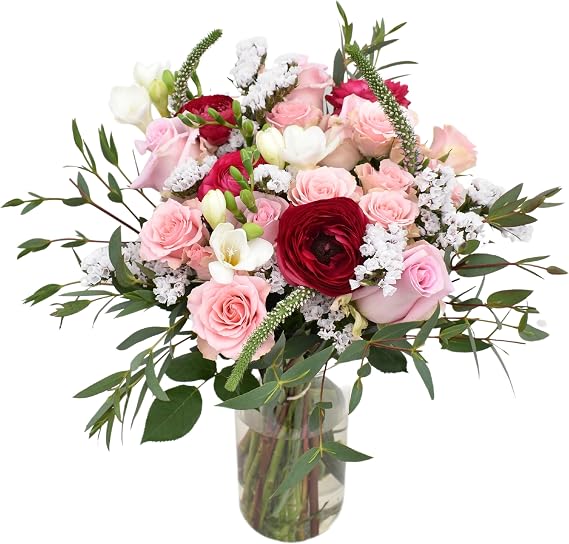 Lace Blooms | Pink, White, Green Arrangement with Vase | Arabella Bouquets | Real Fresh Flowers for Delivery, Birthday, Congratulations, Anniversary, Thank You