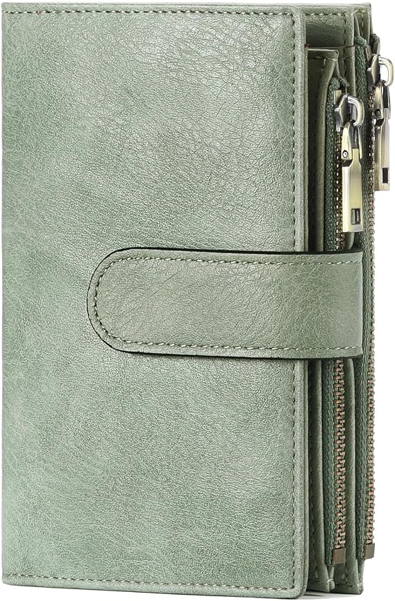 GOIACII Leather Purses for Women, Bifold Compact Womens Wallet with RFID Blocking, Medium Ladies Purse Credit Card Wallet with 16 Card Slots and Zip Coin Pocket