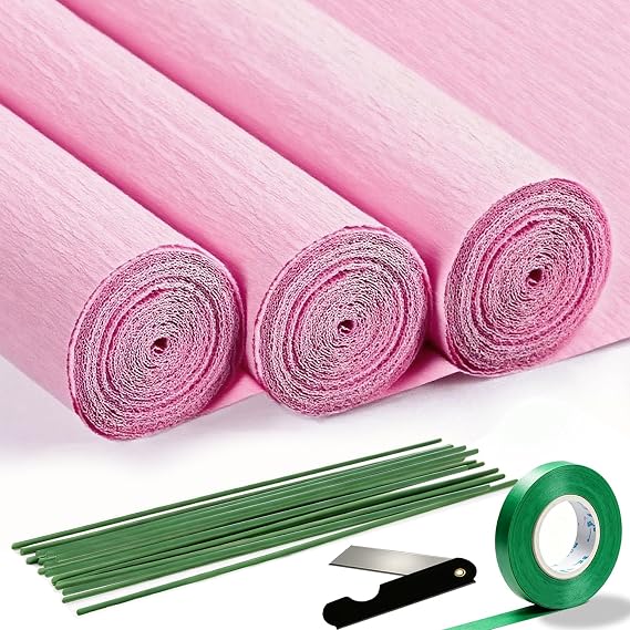 VNAKER Pink Crepe Paper Roll 9.8 x 98 Inch 3 Rolls for Flower & Party Decor