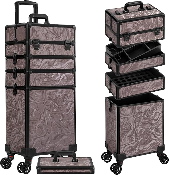 Rolling Makeup Train Case with Lid Cosmetology Case on Wheels | 5 in 1 Large Cosmetic Trolley Organizer Travel for Hairstylist Artist Nail Beauty Salon Barber Cart Trunk, Brown Ink