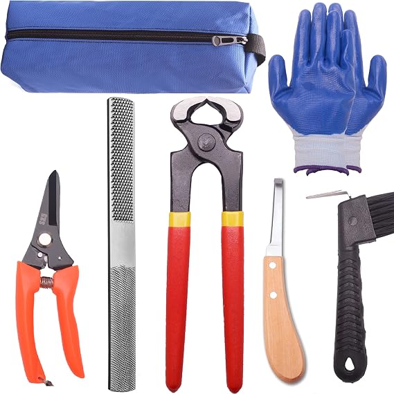 8 inch Farrier Tool Kits (7 Piece) Mini Rasp Hoof File Goat Pig Equine Metal Shears Professional Farriers Hoof Nipper Cutter Handle Knife