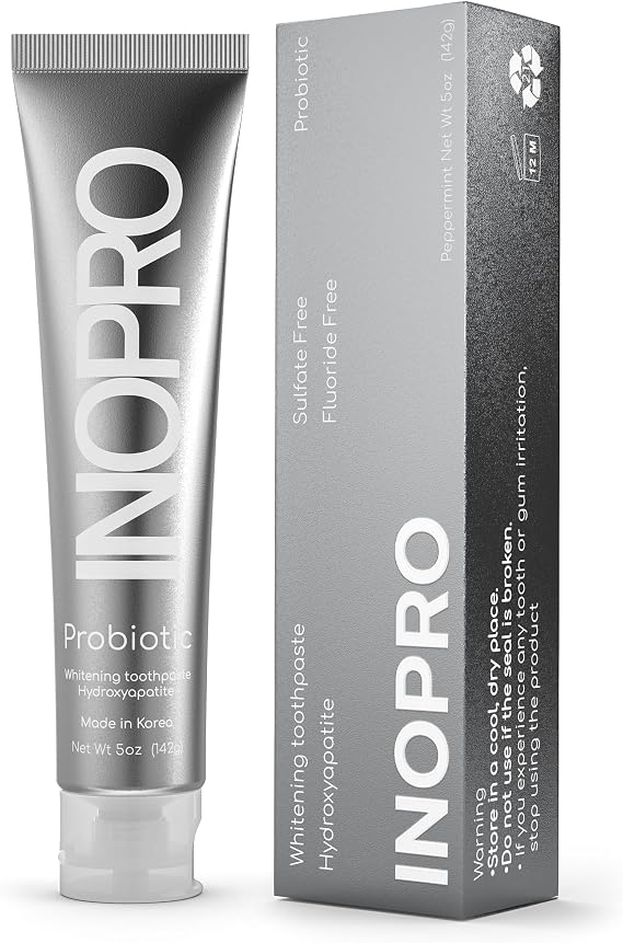 INOPRO Whitening Hydroxyapatite Toothpaste with Probiotic for Sensitive Teeth, Fluoride Free Enamel Support Toothpaste, SLS Free, Baking Soda, Coconut Oil, 5oz